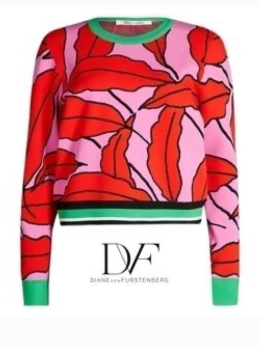 DVF Candy Red & Pink Intarsia Leaf Print Knit Pullover Sweater Medium